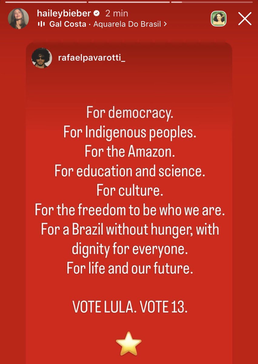 centralreality's tweet photo. Hailey Bieber declara apoio a Lula. ⭐️ https://t.co/fI0bXmGnxy
