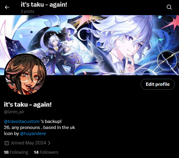 TRAVOLTACUSTOM's tweet photo. so i'm currently unable to log into my twitter on mobile, so please follow my backup! didn't think i'd actually have to use this, but here we are. if you do need to message me, please hit me up there!

@iznm_air https://t.co/iw0hoHwjXW