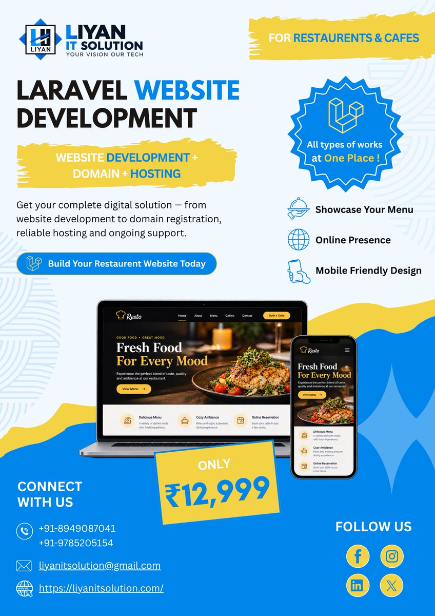LiyanitSolution's tweet photo. ✨ Your restaurant deserves a digital presence as exceptional as your food.
🍽️ Custom Laravel Website + Domain + Hosting — just ₹12,999.
Let’s bring your vision online. 💻
🌐 https://t.co/uC8GYR4IYU
#WebDevelopment #RestaurantBusiness #LIYANITSOLUTION https://t.co/TbjEOV76vO