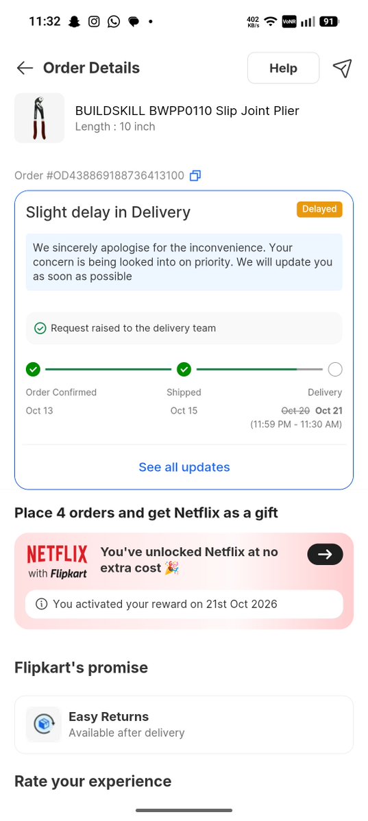 leoboy3009's tweet photo. Hey @Flipkart @flipkartsupport  @FlipkartStories  my order has been stuck since October 20th after leaving the Surat facility. The expected delivery was October 21st, and there have been no updates for days. Please check the status and resolve this ASAP!  @Flipkartminutes https://t.co/x4rYtB0IpE