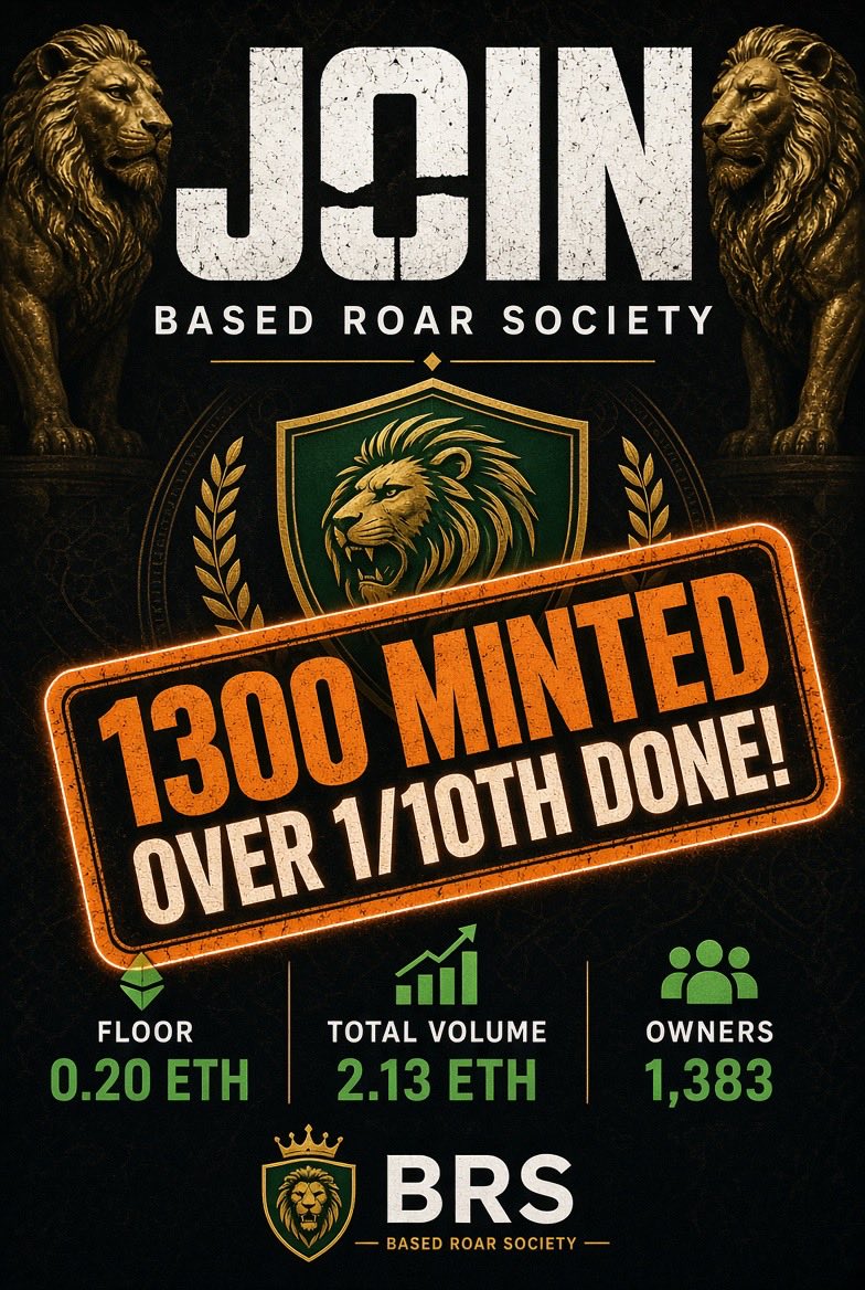 th3r0ar's tweet photo. 🚨 1,300 BRS MINTED — OVER 1/10TH DONE! 🚨

The Based R0AR Society (BRS) public mint is LIVE on @opensea right now.
10,000 Lions on Base.

Real utility. Real access.

✅ ~$2,500/year in eligible software & platform access
✅ Penthouse Suite membership
✅ Preferred fees + early AI / agent opportunities
✅ Path to ERC-8004 AI Agent identities
Artwork stays hidden until the full 10k is minted — every mint brings the reveal closer.

🦁 Mint now:
https://t.co/xV6l3xiHHa

Two chains. One Society. The future of Web3 + AI.

#BRS #BasedR0ARSociety #OpenSea #Base #NFTMint #R0AR