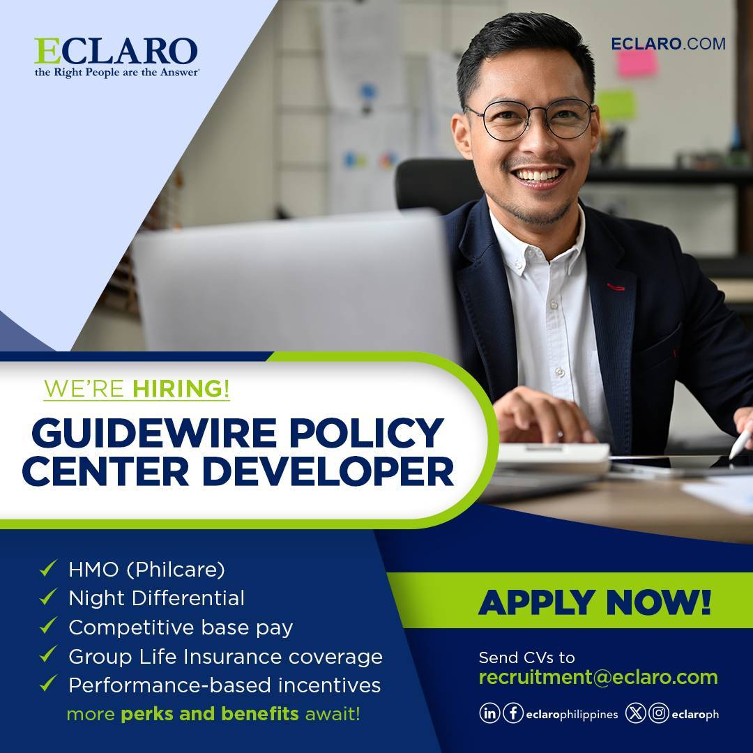 EclaroPh's tweet photo. A global client is seeking a Guidewire PolicyCenter Developer to configure and customize Guidewire applications.
Send your CV at recruitment@eclaro.com or apply at https://t.co/Dpl9g7yJIm
Don't forget to mention where you've seen us. π
#ECLARO #ECLAROCareers #jobsph https://t.co/rjoeJr9wlX