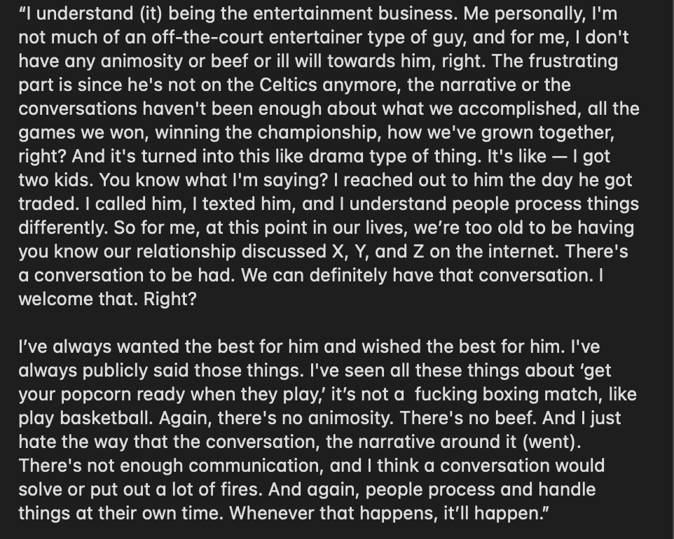 danield1214's tweet photo. I’ve already seen Jayson Tatum’s answer to Jaylen Brown’s IG comment get taken out of context. 

So here’s the entire transcript of the quote: https://t.co/ki8pzNNYR3