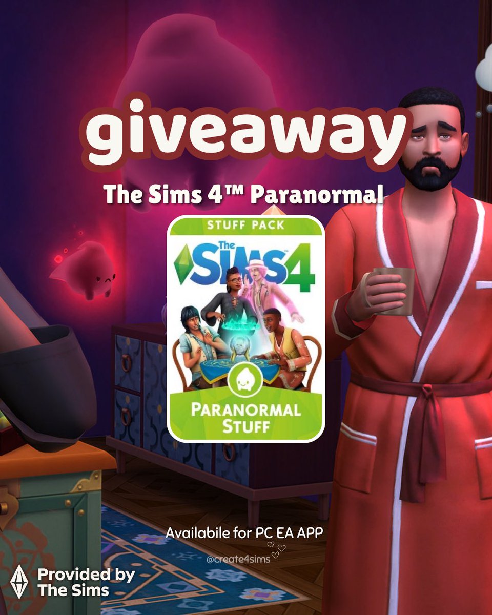 create4sims's tweet photo. The Sims 4: Paranormal GIVEAWAY👻(PC EA App) #simspartner  #ad 
Rules:   
👻 follow me @create4sims
👻 follow me on  https://t.co/l8GQDoYozb
👻 like,repost &amp; comment "paranormal"  

Winner announcement 15th Nov, 10PM CET! Good luck!
@TheSims #sims4 https://t.co/EbNFD4aPzB