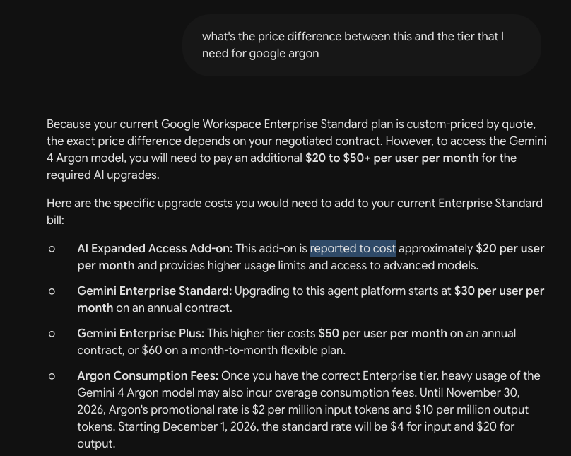 WriterScience's tweet photo. Very intrigued, but I find Gemini's lack of functionality mindbending. I just logged in to Gemini and ask if I have access to Argon; it says it doesn't know, gives me instructions to click through workplace admin myself. Alrighty. I do as I'm told, discover I'm on the wrong tier, and ask Gemini how much the AI upgrade would cost; says it doesn't know! The other day I wanted to clean up the file structure on my Drive, archive old projects, delete fragments, etc.; Gemini couldn't do it, so I had to send in Claude to handle it. Maybe I'm doing it wrong. Everything I do is in google so I'd love for this to work, but so far gemini just feels like a chatbot add on rather than leverage
