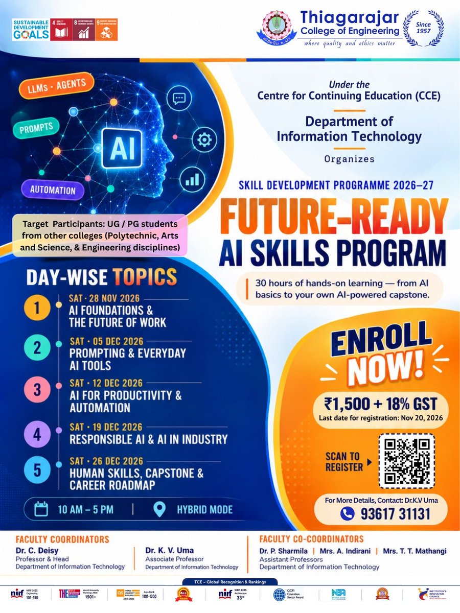 tceofficialpage's tweet photo. 🤖 Build future-ready AI skills at TCE! 🚀 Join our 30-hour hands-on programme covering AI, prompting, automation & responsible AI. Register by Nov 20!
🔗 https://t.co/F0NaZvaouk
#TCE #AISkills #ArtificialIntelligence #SkillDevelopment https://t.co/38O50gNyVd