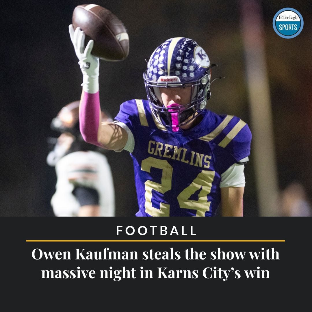ButlerEagle's tweet photo. Kaufman scored four touchdowns three different ways — including a critical pick-six in the fourth quarter — to lead the Gremlins to a 36-20 victory at Karns City’s Diehl Stadium. https://t.co/rz5FVvSy9N https://t.co/AuYhgRm49w