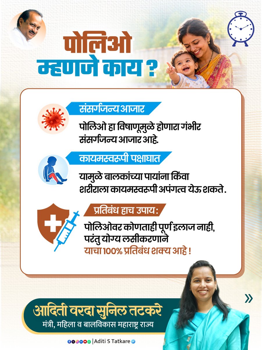 iAditiTatkare's tweet photo. जागतिक पोलिओ दिन!

बालकांचे आरोग्य आणि सुरक्षित भविष्य हीच आपली खरी संपत्ती आहे. पोलिओसारख्या गंभीर आजारापासून आपल्या लहानग्यांचे संरक्षण करण्यासाठी वेळेवर पोलिओ डोस आणि लसीकरण पूर्ण करणे अत्यंत आवश्यक आहे.

लक्षात ठेवा, दोन थेंब, सुरक्षित बालपणाचे 

#WorldPolioDay #जागतिकपोलिओदिन #PolioFreeIndia #VaccinationSavesLives #HealthChild #AditiTatkare #MaharashtraHealth