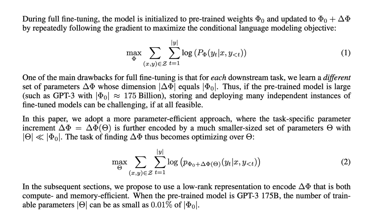 praneethsamine's tweet photo. Day 22/365 of robot learning.

Today I finally decided to start reading LoRA, a paper I've been putting off for a while but think is pretty foundational, especially since I want to contribute to pretraining as robotics foundation models continue to scale.

LoRA was introduced in 2021 as LLMs began to scale as well, with models like GPT-3 reaching 175B parameters, making full fine-tuning computationally expensive. It builds on the broader idea of parameter-efficient fine-tuning (PEFT), where we adapt models without updating all their pretrained weights. In their GPT-3 experiments, LoRA reduced trainable parameters by up to 10,000x and GPU memory requirements by 3x compared to full fine-tuning!

The main idea I grasped so far is to freeze the pretrained weights Φ₀ and learn a much smaller set of parameters Θ to represent the updates:

Φ = Φ₀ + ΔΦ(Θ), where |Θ| ≪ |Φ₀|.

More specifically, LoRA represents the weight update through two smaller matrices:

W = W₀ + BA

Where B ∈ ℝ^(d×r) and A ∈ ℝ^(r×k), with r ≪ min(d,k).

Instead of optimizing d×k parameters, we're only optimizing r(d+k), based on the paper's hypothesis that weight updates during adaptation have a low intrinsic rank, meaning they can be represented using much smaller matrices.

I've been slumped with projects and hw, so I plan to take this weekend to work through this paper in the background, but the robot learning grind doesn't stop!