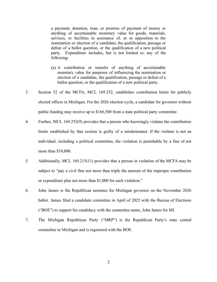 reedcode's tweet photo. Something potentially far more consequential than a $1.8 million campaign-finance violation is unfolding in Michigan today.

Michigan Democratic Party Chair Curtis Hertel has signed a complaint alleging that @MIGOP provided @JohnJamesMI with $1.8 million in coordinated advertising, plus another $150,000 in direct contributions, exceeding Michigan's statutory party-contribution limits.

At first glance, that looks like a remarkably conspicuous violation for a sophisticated statewide campaign. But I suspect James and the Michigan GOP may be pursuing something much more interesting: extending the Supreme Court's June decision in NRSC v. FEC to state election law.

And I think they would likely prevail on the constitutional argument.

🧵 1/4