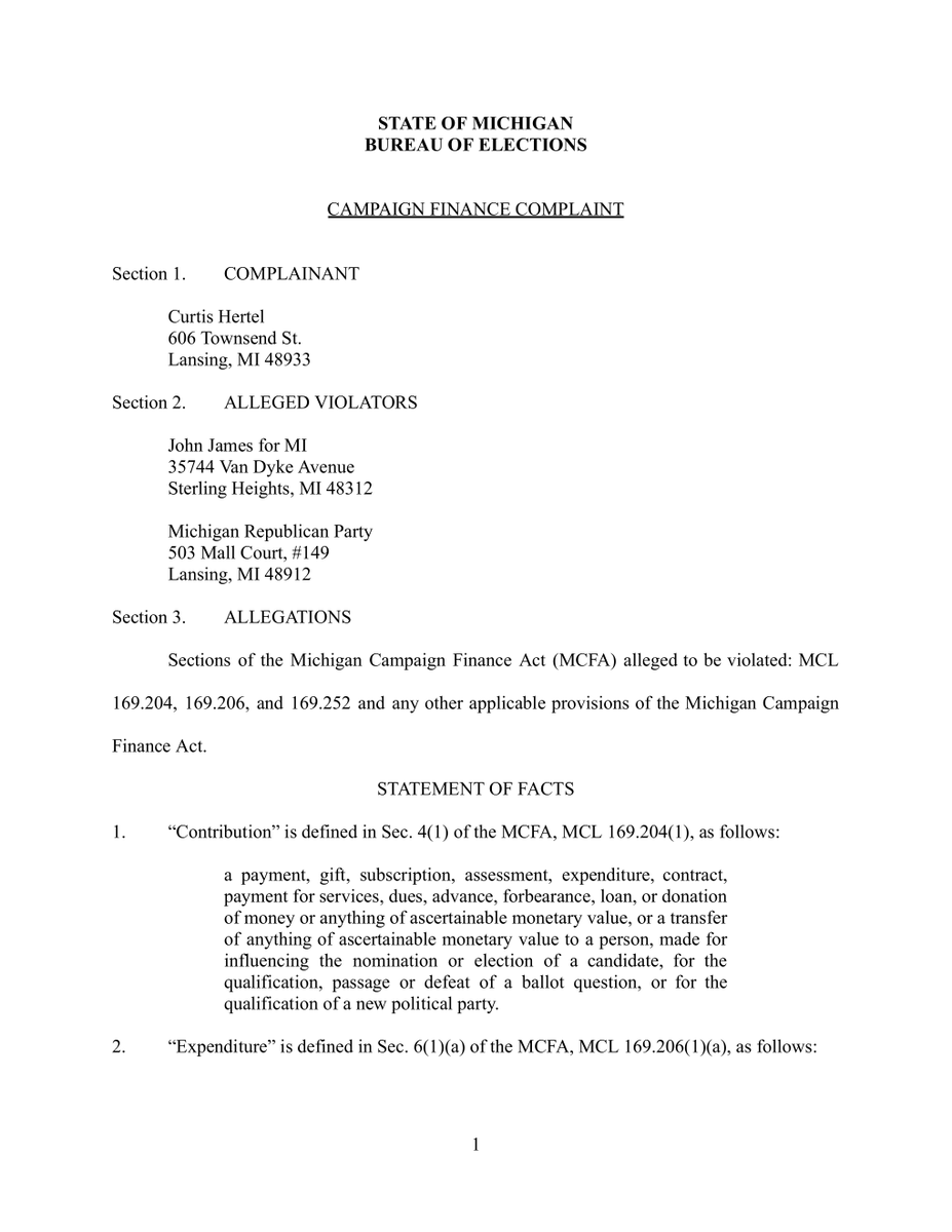 reedcode's tweet photo. Something potentially far more consequential than a $1.8 million campaign-finance violation is unfolding in Michigan today.

Michigan Democratic Party Chair Curtis Hertel has signed a complaint alleging that @MIGOP provided @JohnJamesMI with $1.8 million in coordinated advertising, plus another $150,000 in direct contributions, exceeding Michigan's statutory party-contribution limits.

At first glance, that looks like a remarkably conspicuous violation for a sophisticated statewide campaign. But I suspect James and the Michigan GOP may be pursuing something much more interesting: extending the Supreme Court's June decision in NRSC v. FEC to state election law.

And I think they would likely prevail on the constitutional argument.

🧵 1/4