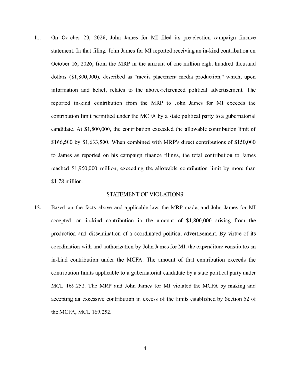 reedcode's tweet photo. Something potentially far more consequential than a $1.8 million campaign-finance violation is unfolding in Michigan today.

Michigan Democratic Party Chair Curtis Hertel has signed a complaint alleging that @MIGOP provided @JohnJamesMI with $1.8 million in coordinated advertising, plus another $150,000 in direct contributions, exceeding Michigan's statutory party-contribution limits.

At first glance, that looks like a remarkably conspicuous violation for a sophisticated statewide campaign. But I suspect James and the Michigan GOP may be pursuing something much more interesting: extending the Supreme Court's June decision in NRSC v. FEC to state election law.

And I think they would likely prevail on the constitutional argument.

🧵 1/4