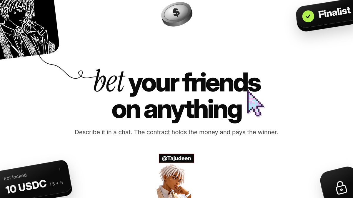 Tajudeen's tweet photo. every friendship has that one bet that never gets settled.

“arsenal will beat chelsea.”
“bitcoin is going higher.”
“you can’t go to the gym every day for a month.”

we make these bets with our friends, but when it’s time to pay, suddenly everyone has a different story.

so i built DUEL.

bet your friends on anything. describe it in a chat, lock the stakes, and let the contract handle the rest.

DUEL already supports locked-stake bets on Base and BNB Chain, alongside crypto-price settlement.

coming next: automatic sports payouts, locked stakes on Solana, group bets, and more.

with the @PayBox Hackathon top 3 announcement scheduled for october 30, here’s a closer look at what i’ve built. 🧵

also a demo video will be drop on Monday 👀 @moonpay