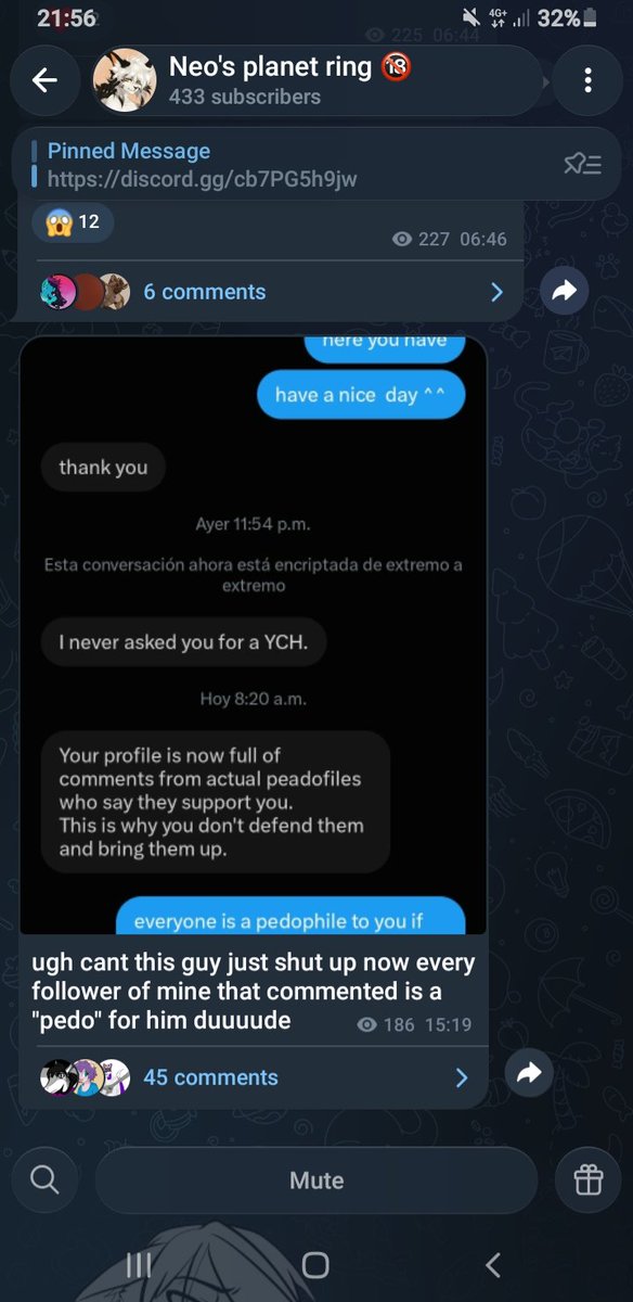 TippleVRChat's tweet photo. @NeoCarniensfw overreacting and exaggerating again.

Apparently, Neo admitting he's blown something out of proportion (and not my dick), is harder to do than making another post about it.

The world's most boring Telegram conversation, lasting around 15 minutes, needed ELEVEN public posts for him to recover. Bruh turned a minor disagreement into a whole cinematic universe. x3

Neo's only a victim of the drama he created, he's the main character, the director and the entire marketing team.

On a serious note, don't drag minors into a private feud by saying the record of the situation, and by extension the minors accounts, are lying about pedo's. Even if you believe they're lying, their experiences aren't ammo for your personal drama storyline. Should have left that out of it.

Someone documented in the Google Doc in connection with lewding minors is now appearing in Neo's Telegram comments and siding with him. I guess consider the company you'll attract if you pick a side on this subject.

Since Neo keeps bringing up the paedophilia controversy and making claims about the document, this exchange will now be added to Page 139 of the Google Doc.

Neo really wanted to involve himself in the "pedo" subject. Your public statements and your name are now forever part of the record.

Eleven public posts over a 15 minute conversation. Somehow, I'm the one who's supposed to be making a big deal out of things x3