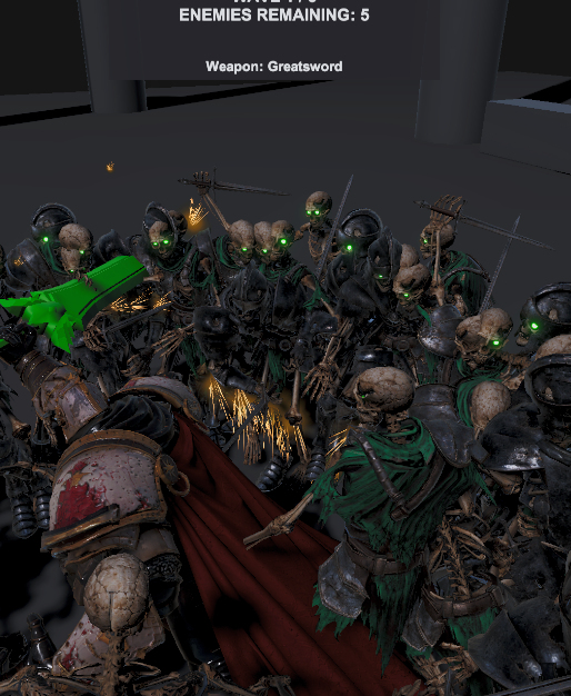 MonsterDew_'s tweet photo. Enemy Types 💀

Starting to get more enemy variety in, and a new weapon appears! Bow to my Untextured Claymore of Involuntary Baptism +1.

Knocking these skeleton chumps around with a giant sword is going to feel reeeeeally good.

I'm also starting to think more about classes / abilities.

Right now I'm liking the idea that the Crusader should want to be in the middle of the horde; the more surrounded he is, the stronger he gets.

Still early, though. For now I'm mostly focused on building weapons, enemies, and skills that are just fun as hell to use.

Then I'll figure out how they all map together into class fantasy and balance.