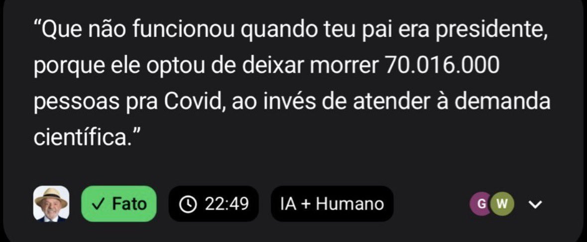 WagnerThomazoni's tweet photo. A humilhação do Lula nesse debate foi tão grande que a única coisa que a esquerda tá usando pra se apegar não são os momentos do debate em si, mas sim a checagem comprada da Globo que aponta até a morte de 70 milhões na pandemia como um fato, só porque foi o Lula quem disse. 

“Ah, mas ele só confundiu os números” - Sim, o que muda o fato, além de também ser obviamente falso que alguém “optou por deixar morrer”.

É óbvio que se a fala fosse do Flávio eles teriam marcado como falsa. 

Essa merda só escancara mais uma vez que a esquerda só “vence” em ambiente controlado que eles compraram, porque na realidade foi só um massacre mesmo. Todo mundo viu. Uma hora o Flávio batia e na outra o Lula apanhava.