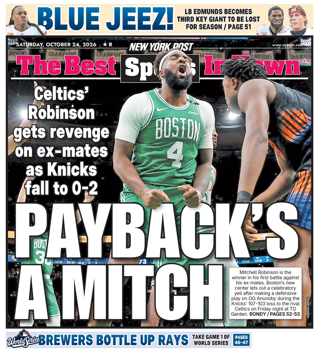nypostsports's tweet photo. The back page: PAYBACK'S A MITCH

Celtics' Robinson gets revenge on ex-mates as Knicks fall to 0-2

Read more: https://t.co/ILiPugveVJ https://t.co/xY0VkYm4ul