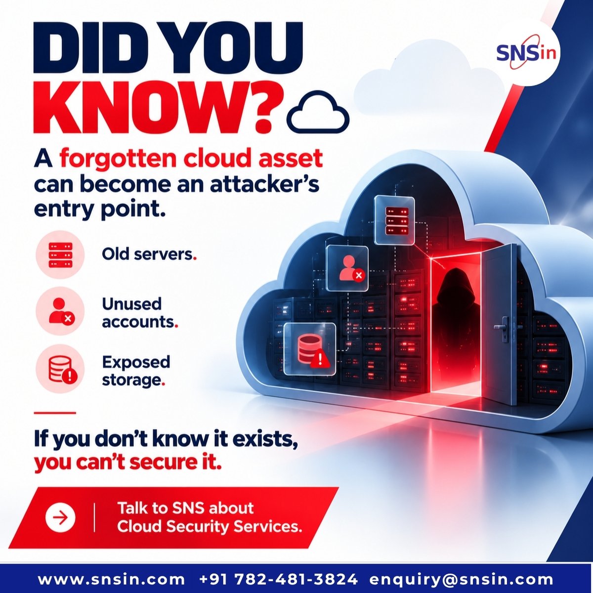 SolutionsSecure's tweet photo. A forgotten cloud asset can become an attacker’s entry point.

Old servers, unused accounts, and exposed storage can leave your cloud environment vulnerable.

Talk to SNS about Cloud Security Services to identify risks and strengthen your cloud security posture.

#SNS https://t.co/nTKTXfd21w