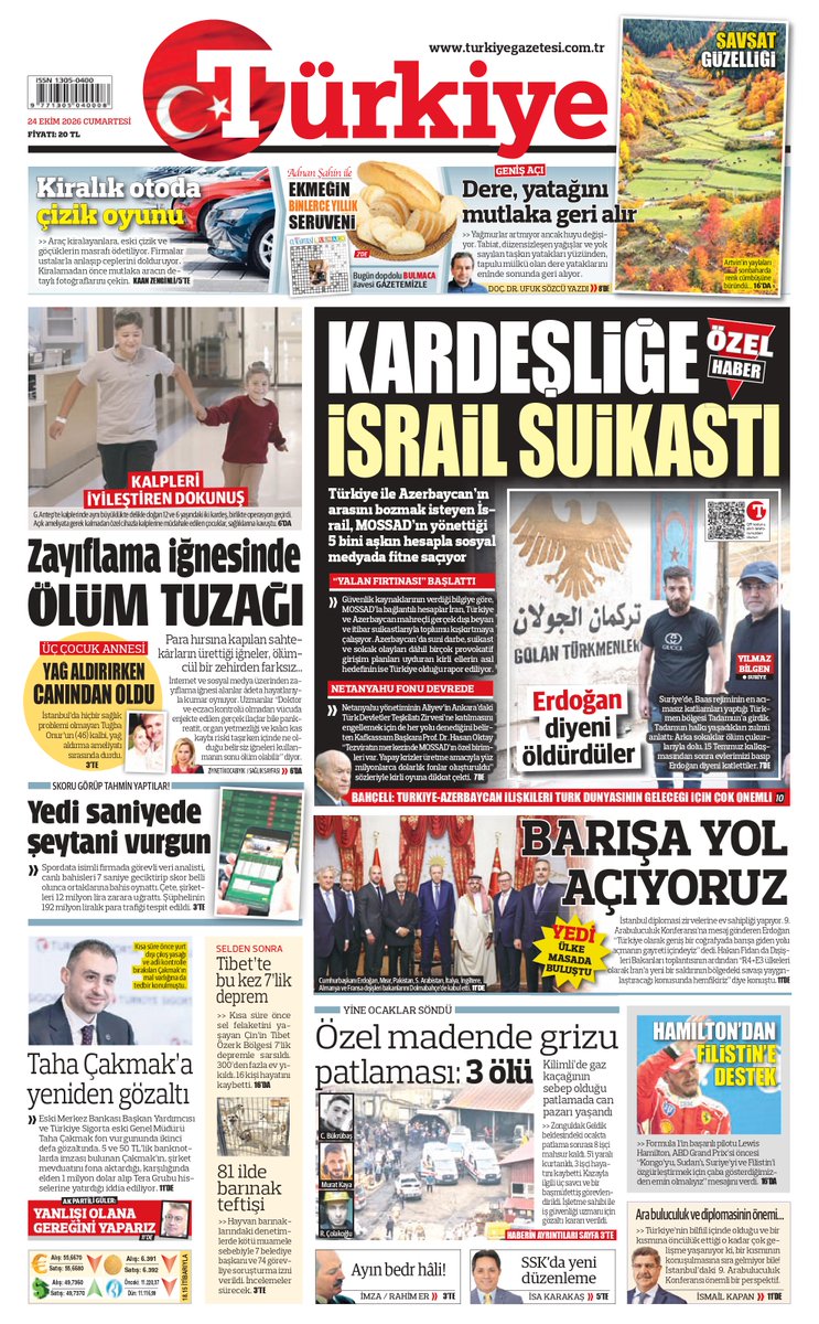 turkiyegazetesi's tweet photo. Bugünün #TürkiyeGazetesi

KARDEŞLİĞE İSRAİL SUİKASTI

◼️Türkiye ile Azerbaycan’ın arasını bozmak isteyen İsrail, MOSSAD’ın yönettiği 5 bini aşkın hesapla sosyal medyada fitne saçıyor.

📎 https://t.co/F12ldwBsWo https://t.co/tsHLkR2stu