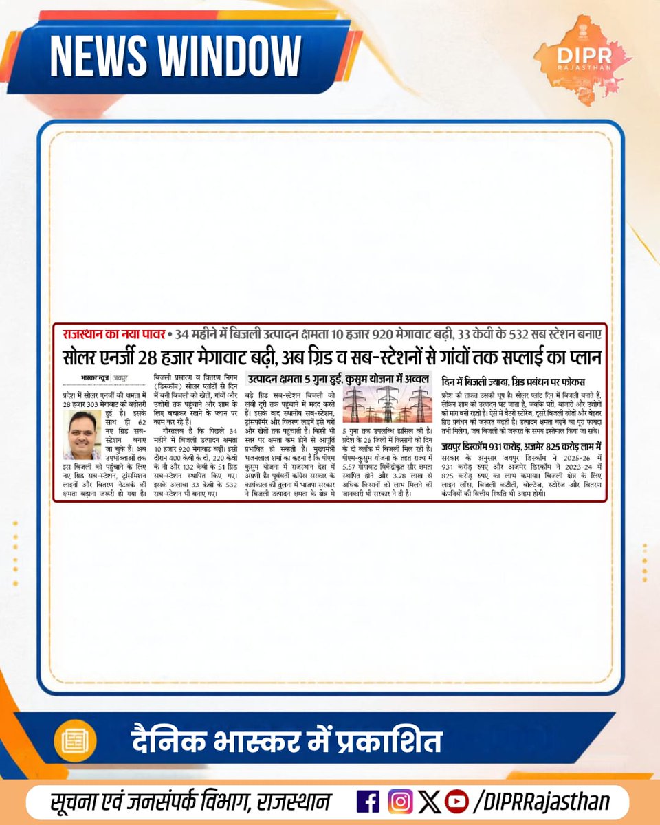 DIPRRajasthan's tweet photo. सुर्खियों में राजस्थान...

राजस्थान की हर नई पहल, हर नवाचार और हर जनकल्याणकारी योजनाओं की जानकारी के लिए फॉलो करें
@DIPRRajasthan

@BhajanlalBjp
@KumariDiya
@DrPremBairwa
@RajCMO
@RajGovOfficial

#RajasthanPower #PowerGeneration #RenewableEnergy #SolarEnergy #SolarPower #EnergyDevelopment #DIPRRajasthan #आपणो_अग्रणी_राजस्थान