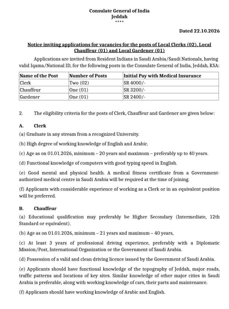 CGIJeddah's tweet photo. 📢 Recruitment Notice

The Consulate General of India, Jeddah, invites applications from eligible candidates for the following posts:

🔹 Clerk – 02 Posts
🔹 Chauffeur – 01 Post
🔹 Gardener – 01 Post

📅 Last Date: 19 November 2026 (1700 hrs)

🔗 For eligibility criteria, application forms & details:
https://t.co/23MbXjdHfB