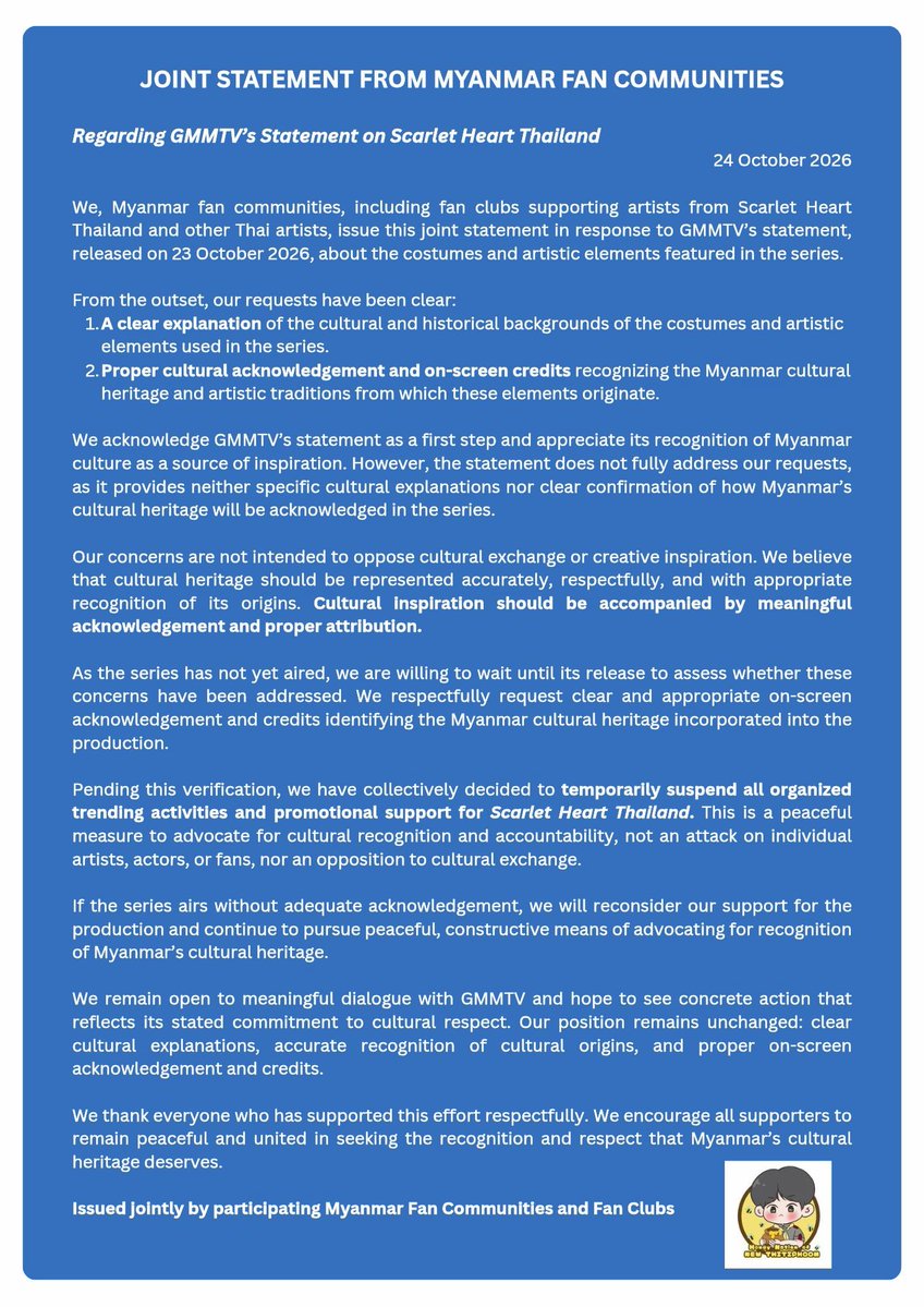 HoneyMyanmarFC's tweet photo. A Response to GMMTV’s Official Statement  from New Thitipoom Myanmar Fanclub

@GMMTV @ScarletHeartTH @Giggoo_ 

𝗖𝘂𝗹𝘁𝘂𝗿𝗮𝗹 𝗶𝗻𝘀𝗽𝗶𝗿𝗮𝘁𝗶𝗼𝗻 𝗱𝗲𝘀𝗲𝗿𝘃𝗲𝘀 𝗽𝗿𝗼𝗽𝗲𝗿 𝗿𝗲𝗰𝗼𝗴𝗻𝗶𝘁𝗶𝗼𝗻. 𝗢𝘂𝗿 𝗵𝗲𝗿𝗶𝘁𝗮𝗴𝗲 𝗱𝗲𝘀𝗲𝗿𝘃𝗲𝘀 𝗮𝗰𝗸𝗻𝗼𝘄𝗹𝗲𝗱𝗴𝗲𝗺𝗲𝗻𝘁.

CULTURAL HERITAGE RECOGNITION

#RecognizeMyanmarCulturalHeritage
#CulturalCreditMatters 
#ScarletHeartTH #GMMTV