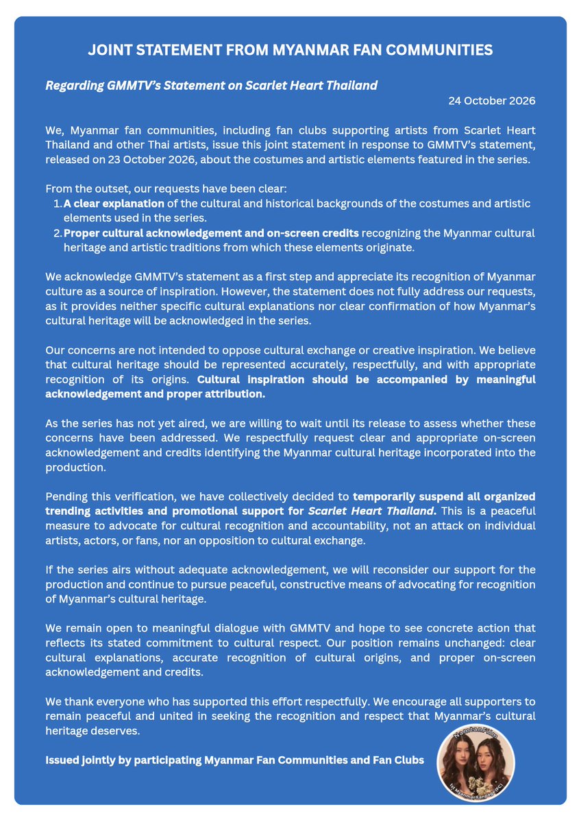 NTF_1stMyanmar's tweet photo. We stand united for the recognition and respect of Myanmar’s cultural heritage. 🇲🇲

CULTURAL HERITAGE RECOGNITION
#RecognizeMyanmarCulturalHeritage
#CulturalCreditMatters 
#ScarletHeartTH https://t.co/1zne8NZmTR