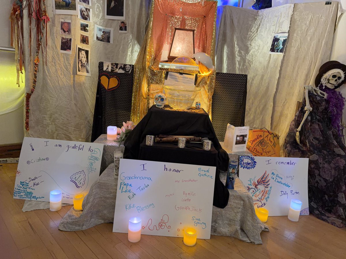 SaulAlejandr00's tweet photo. Pics of the Día de los Muertos altar on display at the dance studio (I contributed pics of my cousin, Mr. Belding, Tim Curry, and Dolly Parton for the altar) #DayOfTheDead #Altar #Ofrenda #Sacred #Spirits https://t.co/NTMgKSPNar