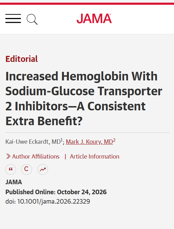 JAMA_current's tweet photo. 💬 Editorial by Kai-Uwe Eckardt, MD, and Mark Koury, MD: #SGLT2 inhibitors were developed for glycemic control but also consistently increase hemoglobin and hematocrit across patients with cardiovascular disease, heart failure, or chronic kidney disease, with or without diabetes. This additional effect may contribute to multimodal anemia management while accompanying the established cardiovascular and kidney benefits of this drug class. 

https://t.co/QQ39GpMHsb

#KidneyWk @ASNKidney