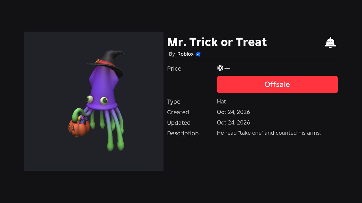 MrNotifier's tweet photo. ✨ New Item - Mr. Trick or Treat

🆔 77347006937541
💵 Price: Offsale
https://t.co/dhxrlw2p8i https://t.co/j0Ixid36uC