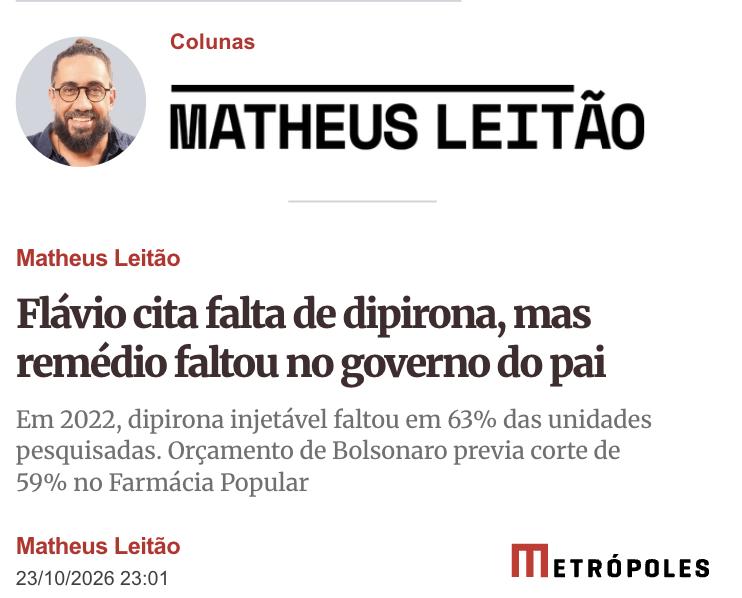 EletronicoVoto's tweet photo. @g1 Flávio cita falta de dipirona, mas remédio faltou no governo do pai https://t.co/64Vmc76TUc