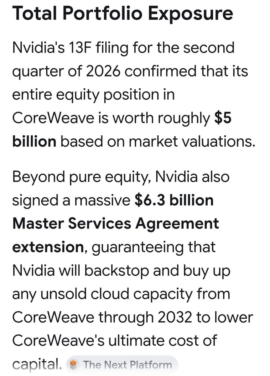 1SpringThunder's tweet photo. @techfund1 Well, Jensen has no choice but step up the plate when $NVDA equity investment in  &amp; guarantee of $CRWV are roughly $11B. https://t.co/YfkGS7TiFa