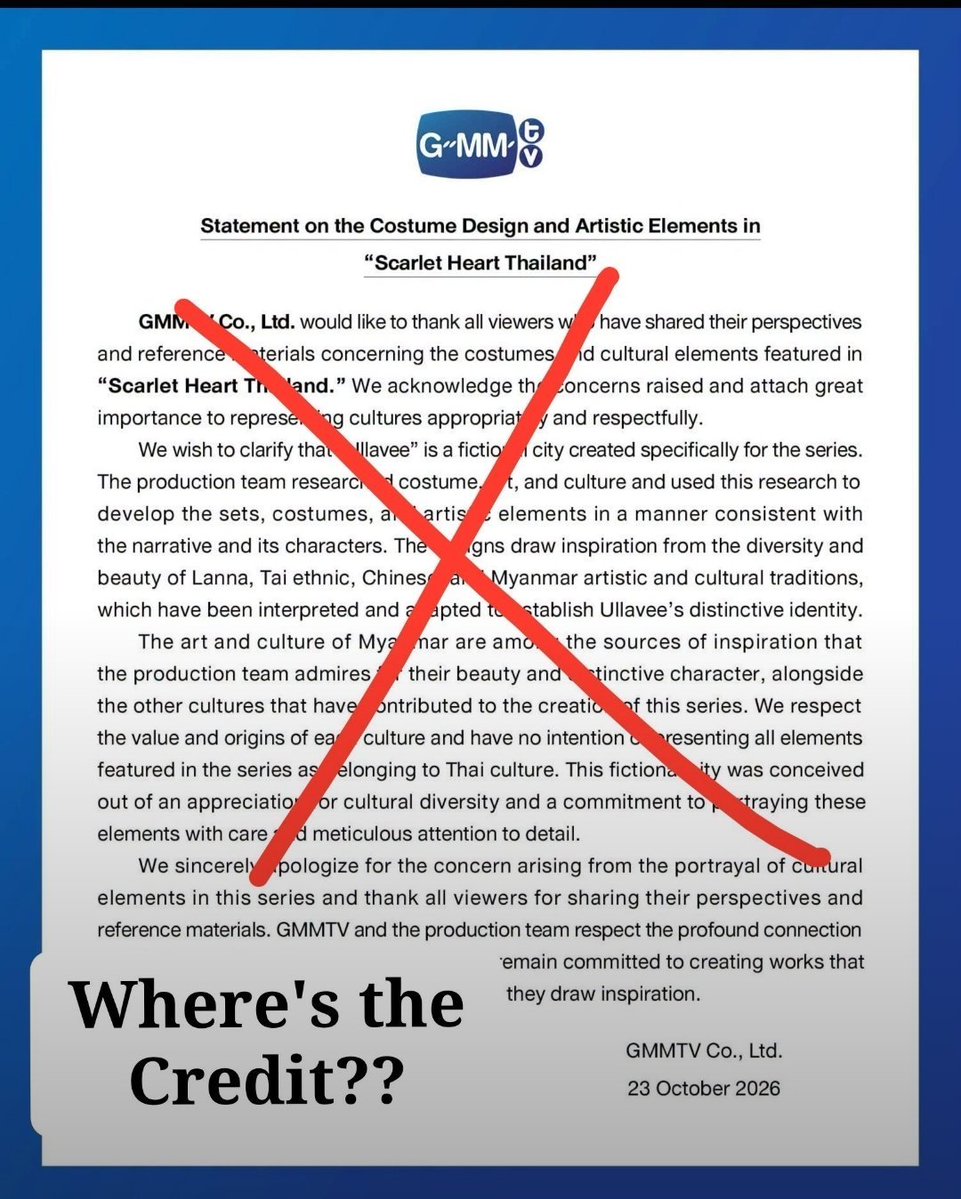 KhunAungHtunWin's tweet photo. @GMMTV @GMMTV’s statement misses the mark. Claiming "Ullavee" is a fictional city doesn't justify using distinct Konbaung-era Burmese royal attire without explicit attribution. Appreciation requires transparency and respect.
We demand clear &amp; formal credit for Myanmar's heritage https://t.co/qKKtH3hB9l