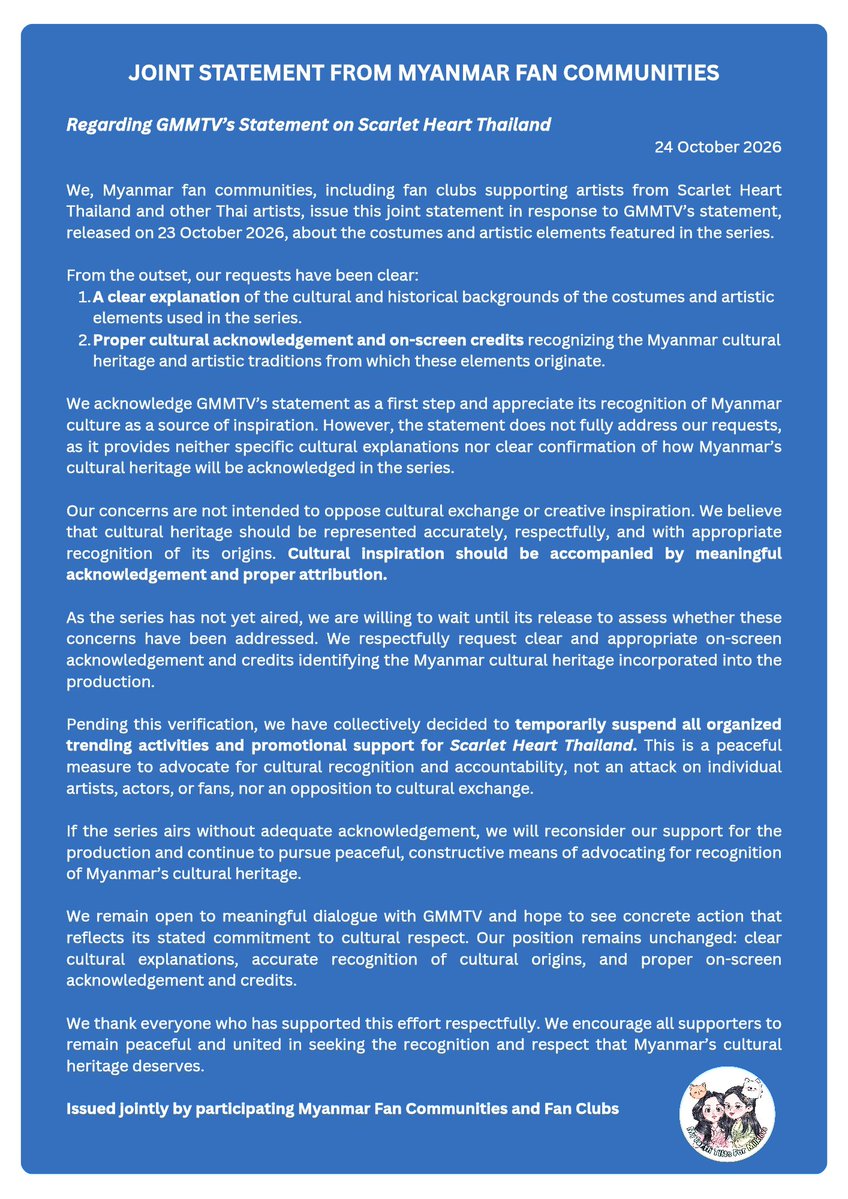 MilkLove_MM's tweet photo. We appreciate @GMMTV's first statement. However we'd like to request meaningful acknowledgement, proper credit and a disclaimer for Myanmar culture.

@ScarletHeartTH @Giggoo_

CULTURAL HERITAGE RECOGNITION

#RecognizeMyanmarCulturalHeritage
#CulturalCreditMatters
#ScarletHeartTH https://t.co/p2R24EmIcq