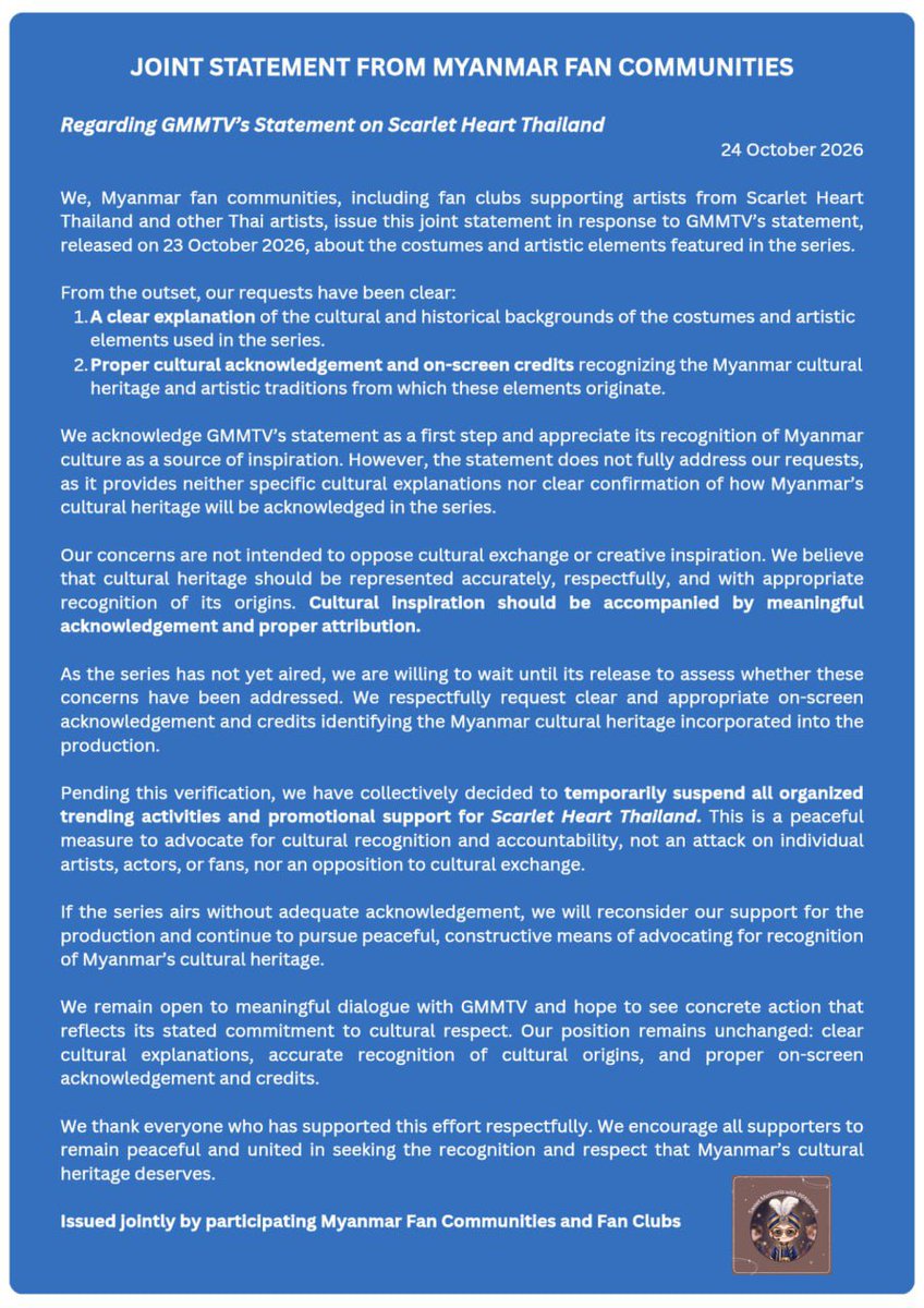 AeriPond44629's tweet photo. Sweet Memoria with PPNaravit (Myanmar)Joined The Statement!

CULTURAL HERITAGE RECOGNITION

#RecognizeMyanmarCulturalHeritage
#CulturalCreditMatters 
#ScarletHeartTH https://t.co/JTcQ81Knu8