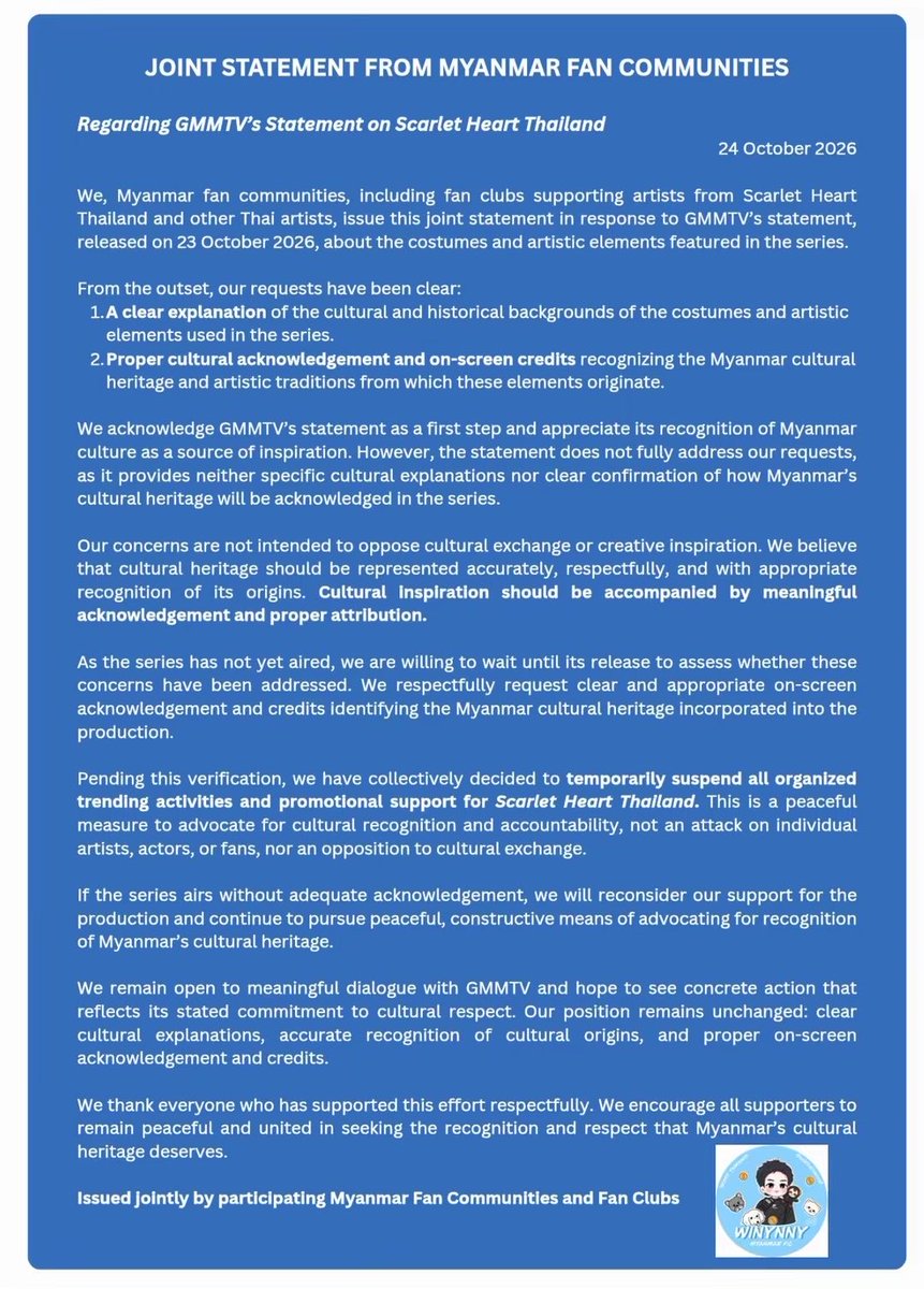winynnymmfc's tweet photo. Winynny MMFC joined the Statement‼️@GMMTV  

We acknowledge GMMTV’s statement but request clear cultural explanations, explicit recognition of Myanmar’s heritage,and proper on-screen credits.

CULTURAL HERITAGE RECOGNITION
#RecognizeMyanmarCulturalHeritage
#CulturalCreditMatters https://t.co/n9TtdyJKlq