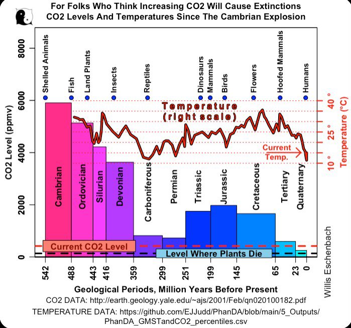 PeterDClack's tweet photo. Far from causing a mass collapse, previous high-carbon epochs fostered some of the richest expansions of biosphere diversity in Earth’s history.

The long-term geological record reaffirms that atmospheric CO₂ and global surface temperature do not move together in simple lockstep. Carbon dioxide levels were 10 to 15 times higher than today during peaks in the early Paleozoic era, 538.8 to 251.9 million years ago.

In another notable example, extensive ice sheets covered major continental areas during the Late Ordovician glaciation 440 million years ago, even as CO₂ levels exceeded 4,000 ppm. By contrast, today's CO₂ hovers around 425 ppm, rising and falling with the rhythms of the seasons.

This deep-time perspective is reconstructed from marine sediment cores, fossil isotope data and the physical evidence engraved in the bedrock. It renders modern apocalyptic panics around atmospheric carbon decidedly flawed.

These records are a permanent blueprint of nature across the rise of multicellular life and the broader miracle of Earth's biology. This surviving record is written in stone, and it directly challenges the narrative of a climate emergency.

Earth's climate is governed by a complex matrix of natural drivers - ocean circulation, cloud albedo, solar irradiance, and orbital cycles - of which CO₂ is merely one piece in a planetary jigsaw puzzle.

In the broad arc of history, our current geological epoch (the Quaternary) sits near historic lows for both atmospheric carbon and planetary temperature. During recent glacial peaks, CO₂ fell to approximately 180 ppm - dangerously close to the 150 ppm threshold where land plants cease photosynthetic activity.

The modest rise in CO₂ over the industrial era has effectively pulled the biosphere further away from that biological floor, stimulating global vegetation growth and leaf expansion confirmed by NASA satellite observations.

The UN narrative relies on suppressing doubt and evading foundational questions. Science is at its best when it welcomes a search for truth rather than relying on dogma.

When we look at Earth’s full history, CO₂ stands out as an essential building block of a thriving biological world. To reduce this grand planetary epic to a single monochrome of imminent ecological collapse makes a mockery of the hard truth in the rocks beneath our feet.

IMAGE: What 540 million years of geological history says: Willis Eschenbach.
