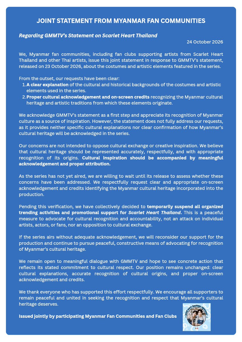 seakeen_myanmar's tweet photo. 𝐉𝐨𝐢𝐧𝐭 𝐒𝐭𝐚𝐭𝐞𝐦𝐞𝐧𝐭 𝐟𝐫𝐨𝐦 𝐌𝐲𝐚𝐧𝐦𝐚𝐫 𝐅𝐚𝐧 𝐂𝐨𝐦𝐦𝐮𝐧𝐢𝐭𝐢𝐞𝐬 

from SeaKeen Myanmar Fan Page 

@GMMTV @ScarletHeartTH @Giggoo_ 

𝗖𝘂𝗹𝘁𝘂𝗿𝗮𝗹 𝗶𝗻𝘀𝗽𝗶𝗿𝗮𝘁𝗶𝗼𝗻 𝗱𝗲𝘀𝗲𝗿𝘃𝗲𝘀 𝗽𝗿𝗼𝗽𝗲𝗿 𝗿𝗲𝗰𝗼𝗴𝗻𝗶𝘁𝗶𝗼𝗻. 𝗢𝘂𝗿 𝗵𝗲𝗿𝗶𝘁𝗮𝗴𝗲 𝗱𝗲𝘀𝗲𝗿𝘃𝗲𝘀 𝗮𝗰𝗸𝗻𝗼𝘄𝗹𝗲𝗱𝗴𝗲𝗺𝗲𝗻𝘁.

CULTURAL HERITAGE RECOGNITION

#RecognizeMyanmarCulturalHeritage
#CulturalCreditMatters 
#ScarletHeartTH #GMMTV
