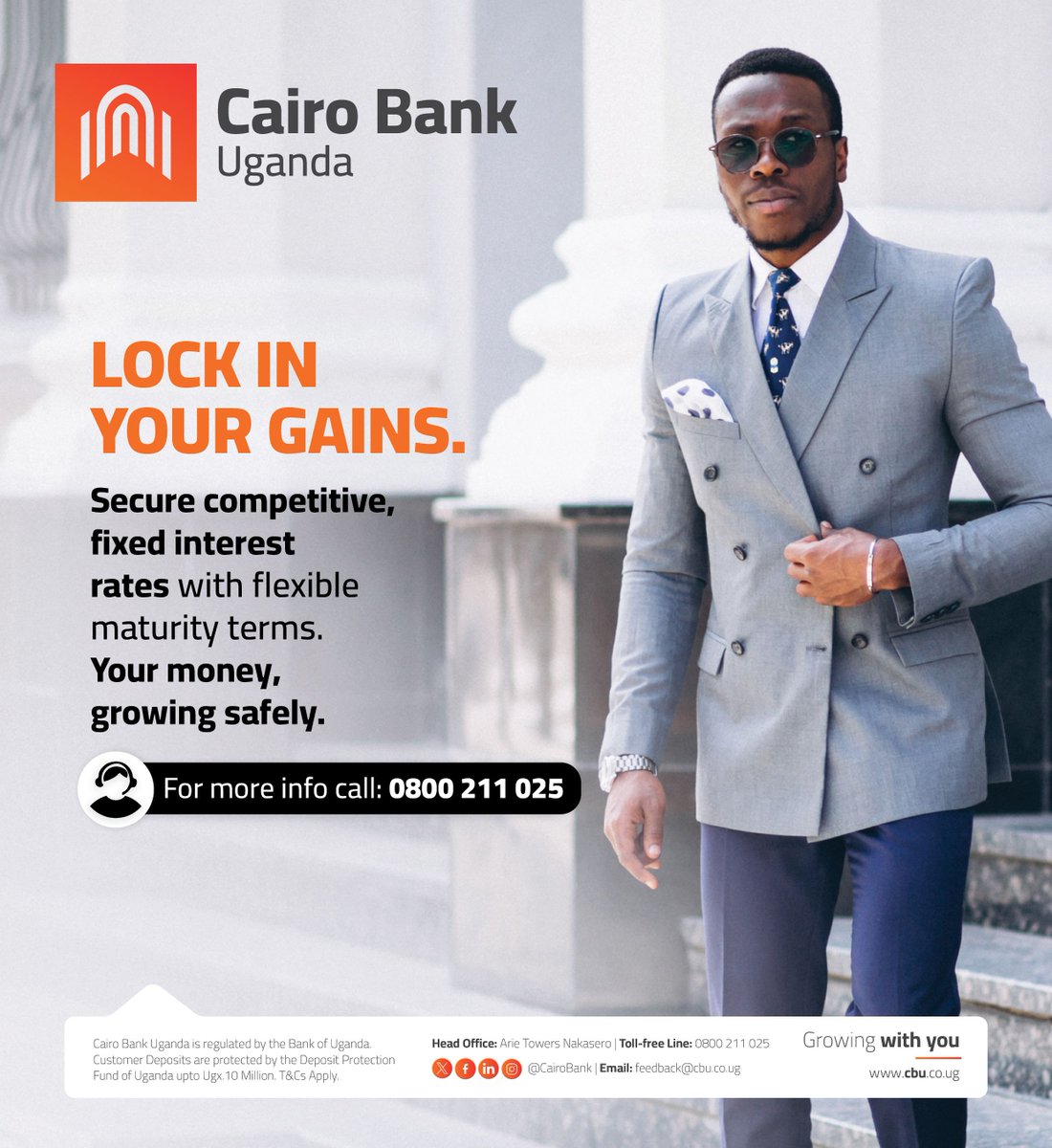 CairoBank's tweet photo. Tired of market volatility? A Cairo Bank Fixed Deposit gives you total peace of mind. You lock in a competitive, fixed interest rate for a term that suits your goals, with zero transactional or monthly maintenance fees. Plan for the long term. We’ll handle the rest. Talk to our team today: 0800 211 025

#FixedDeposit #SecureInvesting #CairoWay #GrowingWithYou