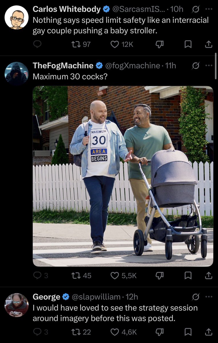 MyLordBebo's tweet photo. 🇨🇦 LMAO: WHY GAY POST?

1) Toronto made an announcement about speed limit signs about interracial gay couple for some reason.

2) This post gets destroyed in the comment section.

3) So Toronto locked the comments saying it’s violating the social media TOS of Toronto! (WTF)

-> Gets community noted on freedom of speech.

Ahaha … these globalists really can’t take an L.