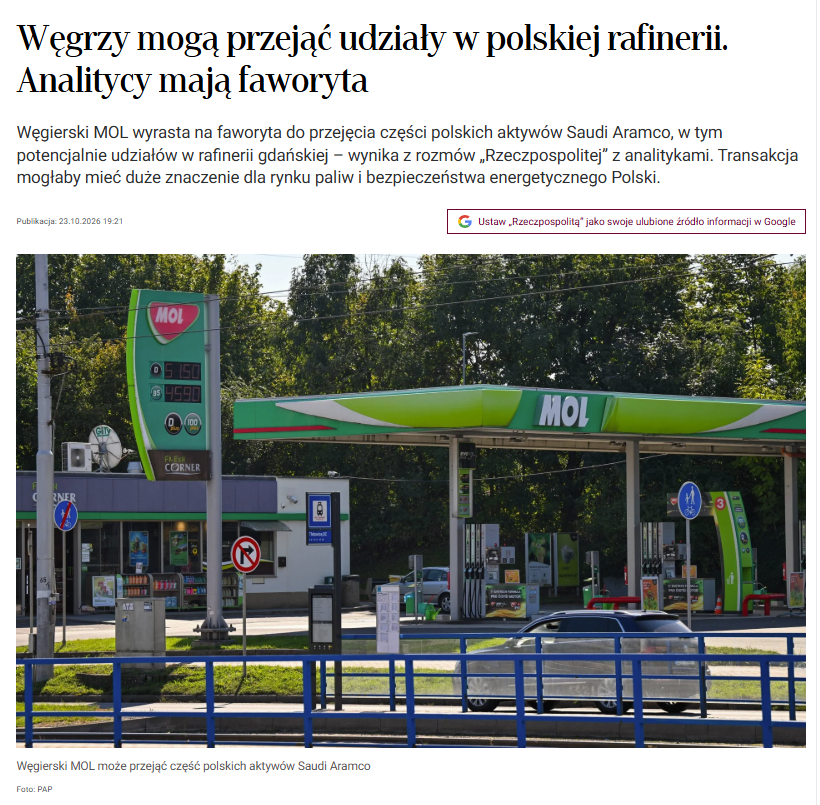 laskowski_pl's tweet photo. Saudi Aramco - jak się dyma Polskę i Polaków - po arabsku

2022 - kupują za 1.15 mld złotych ⬇️

30% udziałów w Rafinerii Gdańskiej,
100% udziałów w Lotos Biopaliwa,
100% udziałów w Lotos Terminale

do 2026 - łącznie pobrali 2.2 mld zł. dywidendy, gotóweczka poleciała do arabskiego królestwa 

2022 - podpisano 10 letni kontrakt na zakup ropy po cenach rynkowych

2026 - Arabowie po wycyckaniu polskich aktywów wystawiają je na sprzedaż, wśród kupców powiązany z Rosjanami MOL 😁

Kurtyna. 

ps. rafinerie są nieopłacalne, a to jest pierwsza na świecie rafineria processingowa, drodzy Państwo!