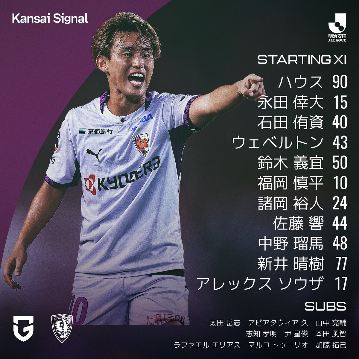 sangafc's tweet photo. 🟣STARTING XI🟣

🏆明治安田J1リーグ 第12節
🆚ガンバ大阪

DAZN視聴がクラブの強化費に💪
➡️https://t.co/Sv2hi0FPrw

#sanga #京都サンガ
@kansaisignal https://t.co/gvWUzmX4ky