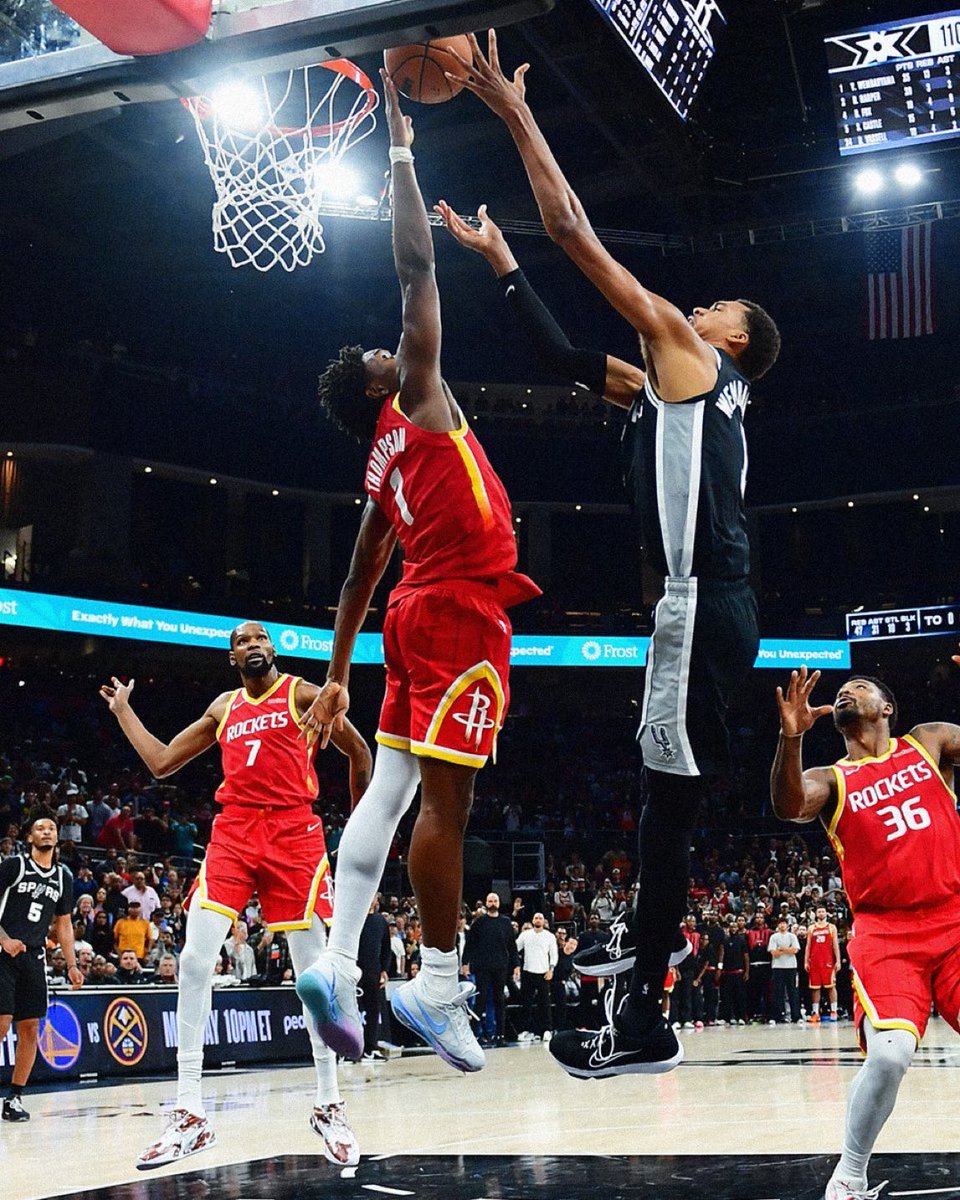 BiasedHouston's tweet photo. There’s only two players in the league who make this block on Wemby and they both have the same face. https://t.co/CZubwkJJk0