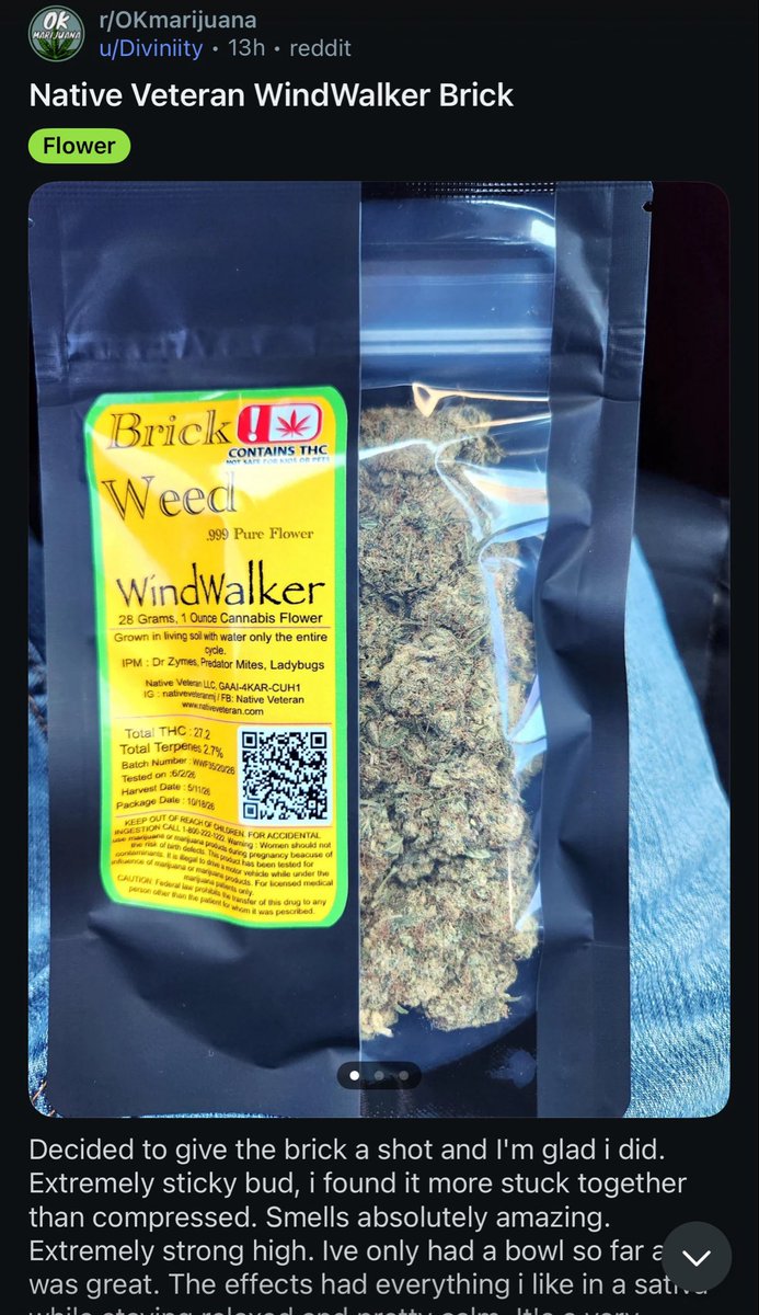 HashnHoops's tweet photo. Medical grower Native Veteran in Oklahoma is selling brick weed for $135 a zip. But it’s not compressed shake/trim, it’s full size buds stuck together. Would you ever try something like this? https://t.co/aWyup4Noas