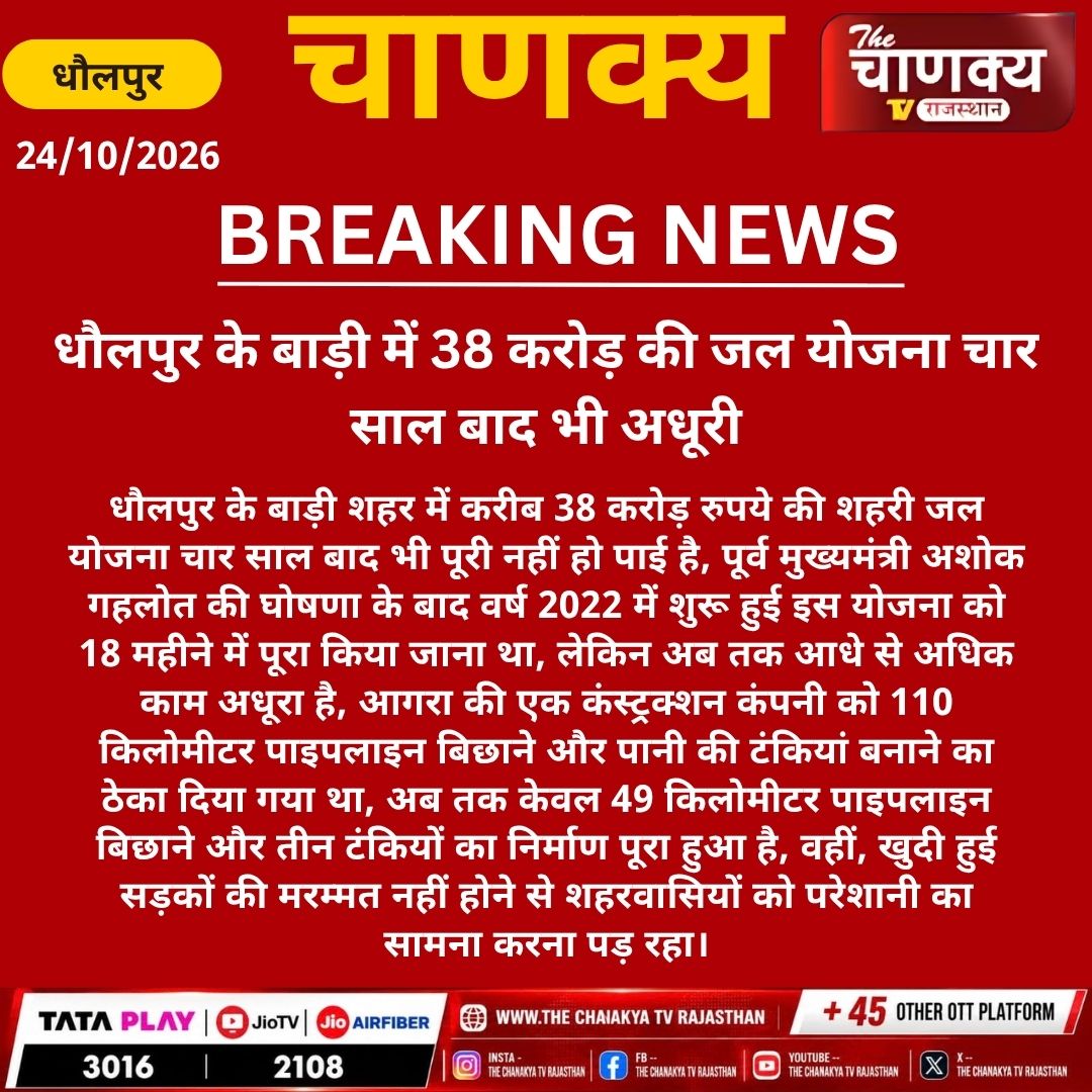 tv_chanaky5736's tweet photo. #Dholpur #बाड़ी में 38 करोड़ की जल योजना चार साल बाद भी अधूरी
#WaterSupplyProject #UrbanWaterScheme #AshokGehlot #Development #PublicIssues #RajasthanNews https://t.co/9fIqmjdCVd