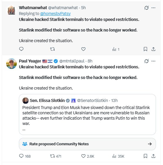 StratcomCentre's tweet photo. One of the largest disinformation campaigns in recent years is now unfolding on the X platform.

This large-scale bot, troll farm and paid influencer campaign is aimed at deflecting blame away from those that throttled Ukraine's Starshield/Starlink access onto Ukraine itself. https://t.co/b9BogGQZ8U