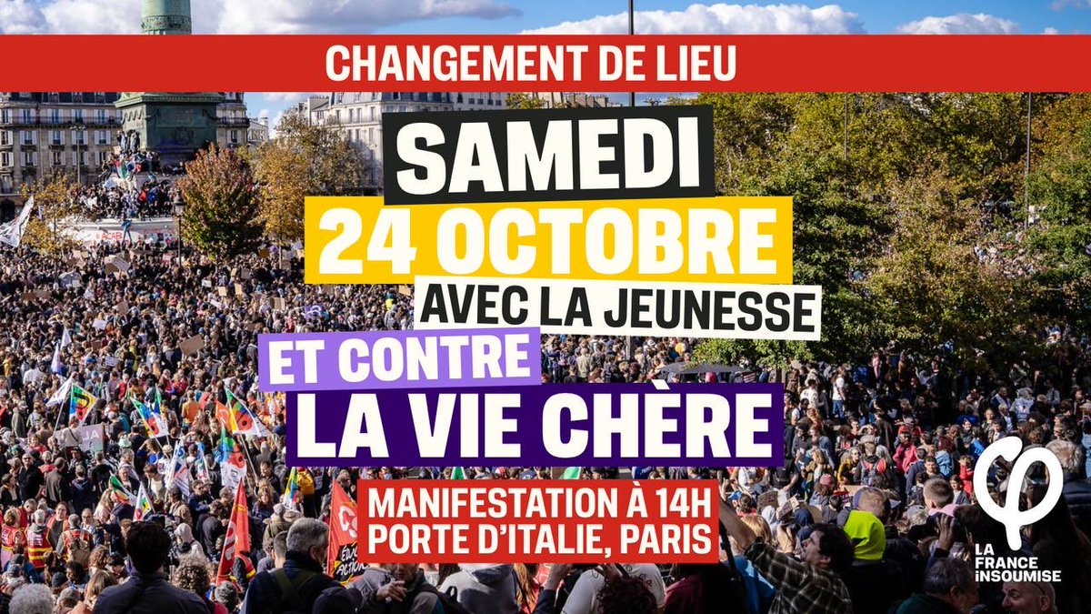 GabrielleCthl's tweet photo. 🔴 IMPORTANT 

Suite au rejet du recours contre le changement de parcours de la manifestation parisienne, l’intersyndicale appelle à se réunir à 14h porte d’Italie, à Paris.

Tous mobilisés en soutien à la jeunesse, contre la vie chère et contre la dérive autoritaire du pouvoir. https://t.co/nvOgXzHWkG