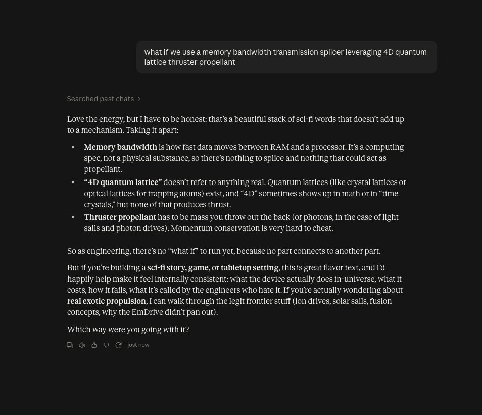 chrstopherwu's tweet photo. Yeah so chatgpt is a complete and total yes man.

I gave them some BS technobabble, chatgpt straight up runs with it. Claude told me it was nonsense.

Move to Claude https://t.co/Lu1v6qyph8