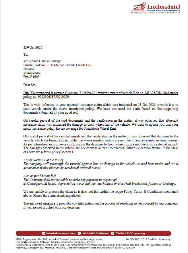 RohanBawage's tweet photo. Or I am taking this straight to the Insurance Ombudsman, NCH, and consumer court.
@irdaindia @consaff @jagograhakjago @royalenfield @IndusIndNippon @indusindmoney 
 #InsuranceFraud #IndusIndInsurance #IndusindBank #ConsumerRights #consumerprotection #royalenfiel #himalayan450 https://t.co/72jzfv5v9M