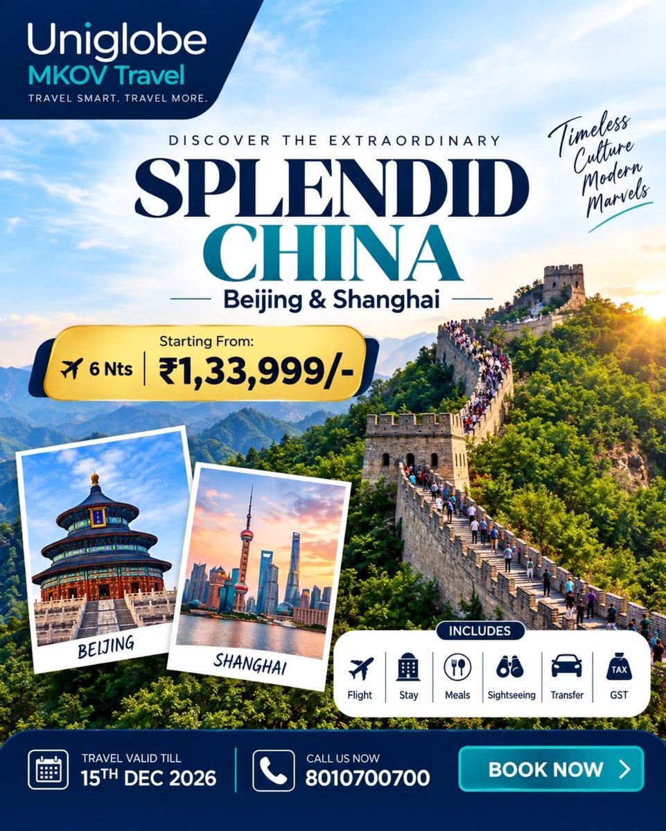 ViCtAcVbItO's tweet photo. Discover splendid China with 6 nights in Beijing and Shanghai. Enjoy timeless culture and modern marvels from ₹1, 33, 999 per person. Flights, stay, meals, sightseeing, GST and transfers included. Valid till 15 December 2026. Call 8010700700. https://t.co/nfhKy5PrQb